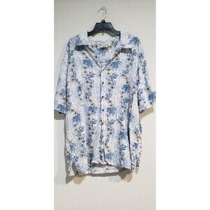 ISLAND PASSPORT Shirt Men 2XLT Blue White Floral Fern Hawaiian Camp Rayon
